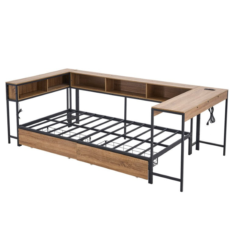 English Elm Corner Twin Bed with Bookcase Storage Drawers LED Lighting and Built-In Charging W5109P518279