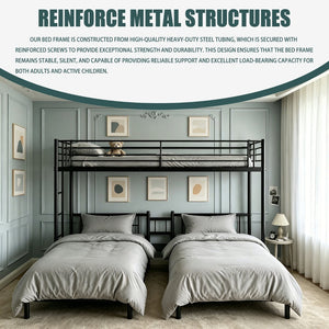 English Elm Twin Triple Stacked Metal Bunk Bed Powder Coated Steel Frame Sleeps Three Space Saving W5109S00001