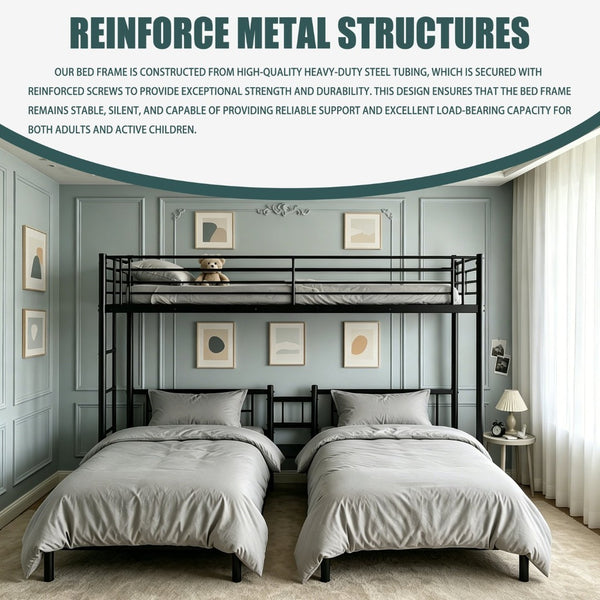 English Elm Twin Triple Stacked Metal Bunk Bed Powder Coated Steel Frame Sleeps Three Space Saving W5109S00001