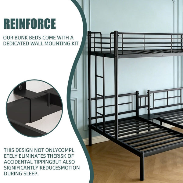 English Elm Twin Triple Stacked Metal Bunk Bed Powder Coated Steel Frame Sleeps Three Space Saving W5109S00001