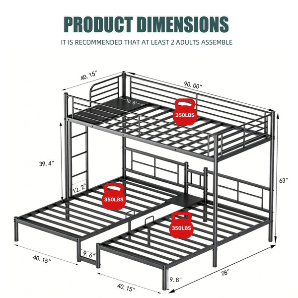 English Elm Twin Triple Stacked Metal Bunk Bed Powder Coated Steel Frame Sleeps Three Space Saving W5109S00001