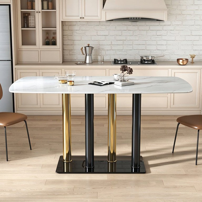 English Elm Modern Marble Print Tempered Glass Dining Table Gold and Black Metal Base Seats 4 W5123P515100
