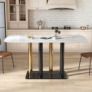 English Elm Modern Marble Print Tempered Glass Dining Table Gold and Black Metal Base Seats 4 W5123P515100