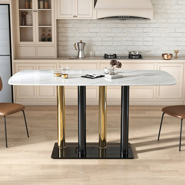 English Elm Modern Marble Print Tempered Glass Dining Table Gold and Black Metal Base Seats 4 W5123P515100