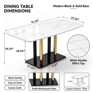 English Elm Modern Marble Print Tempered Glass Dining Table Gold and Black Metal Base Seats 4 W5123P515100