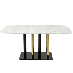 English Elm Modern Marble Print Tempered Glass Dining Table Gold and Black Metal Base Seats 4 W5123P515100