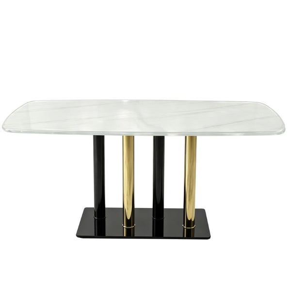 English Elm Modern Marble Print Tempered Glass Dining Table Gold and Black Metal Base Seats 4 W5123P515100