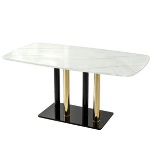 English Elm Modern Marble Print Tempered Glass Dining Table Gold and Black Metal Base Seats 4 W5123P515100