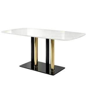 English Elm Modern Marble Print Tempered Glass Dining Table Gold and Black Metal Base Seats 4 W5123P515100