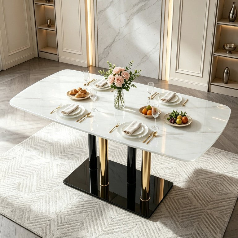 English Elm Modern Marble Print Tempered Glass Dining Table Gold and Black Metal Base Seats 4 W5123P515100