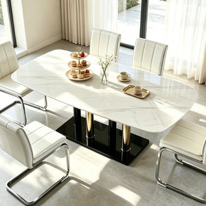 English Elm Modern Marble Print Tempered Glass Dining Table Gold and Black Metal Base Seats 4 W5123P515100