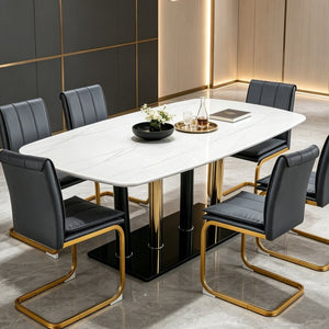 English Elm Modern Marble Print Tempered Glass Dining Table Gold and Black Metal Base Seats 4 W5123P515100