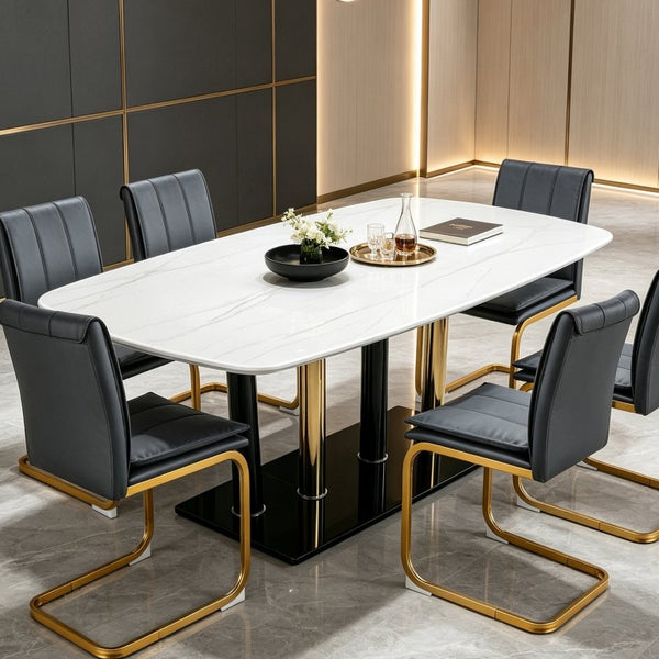English Elm Modern Marble Print Tempered Glass Dining Table Gold and Black Metal Base Seats 4 W5123P515100