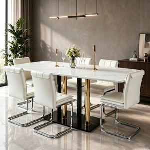 English Elm Modern Marble Print Tempered Glass Dining Table Gold and Black Metal Base Seats 4 W5123P515100