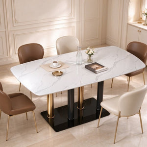 English Elm Modern Marble Print Tempered Glass Dining Table Gold and Black Metal Base Seats 4 W5123P515100