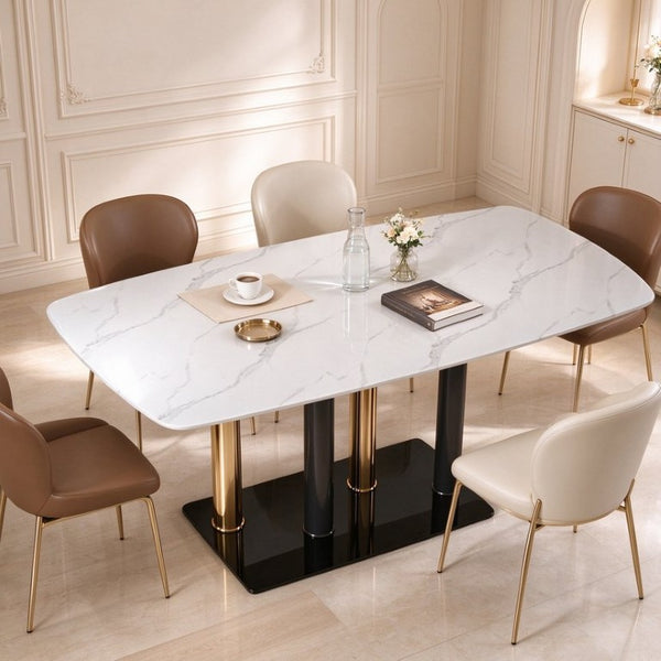 English Elm Modern Marble Print Tempered Glass Dining Table Gold and Black Metal Base Seats 4 W5123P515100