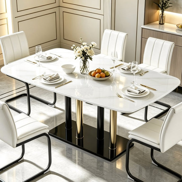 English Elm Modern Marble Print Tempered Glass Dining Table Gold and Black Metal Base Seats 4 W5123P515100