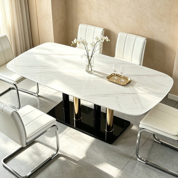 English Elm Modern Marble Print Tempered Glass Dining Table Gold and Black Metal Base Seats 4 W5123P515100