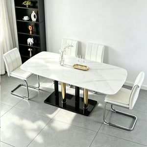 English Elm Modern Marble Print Tempered Glass Dining Table Gold and Black Metal Base Seats 4 W5123P515100