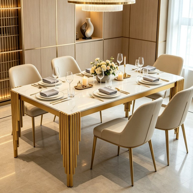 English Elm Modern Marble Look Rectangular Dining Table with Gold Legs Seats Four in Style W5123P548851