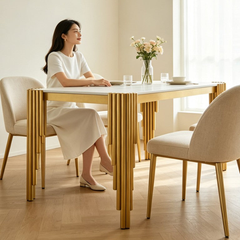 English Elm Modern Marble Look Rectangular Dining Table with Gold Legs Seats Four in Style W5123P548851
