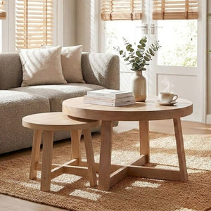 English Elm Set of 2 Stackable Round Tables Walnut Grain X-base Modern Nesting Accent for Living Room Natural Wood W5156P534919