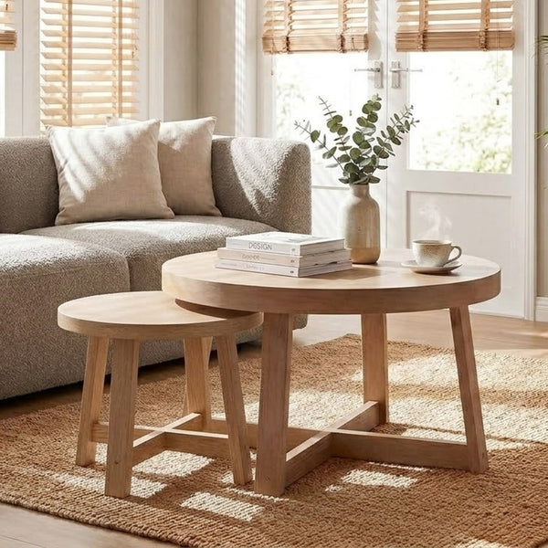 English Elm Set of 2 Stackable Round Tables Walnut Grain X-base Modern Nesting Accent for Living Room Natural Wood W5156P534919