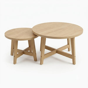 English Elm Set of 2 Stackable Round Tables Walnut Grain X-base Modern Nesting Accent for Living Room Natural Wood W5156P534919
