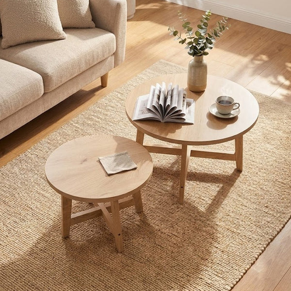 English Elm Set of 2 Stackable Round Tables Walnut Grain X-base Modern Nesting Accent for Living Room Natural Wood W5156P534919