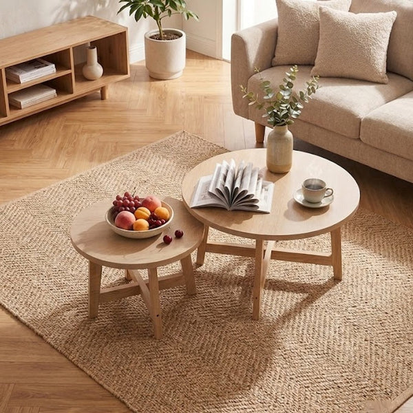 English Elm Set of 2 Stackable Round Tables Walnut Grain X-base Modern Nesting Accent for Living Room Natural Wood W5156P534919