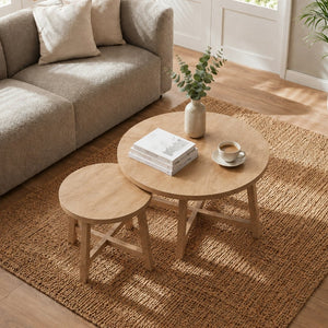 English Elm Set of 2 Stackable Round Tables Walnut Grain X-base Modern Nesting Accent for Living Room Natural Wood W5156P534919