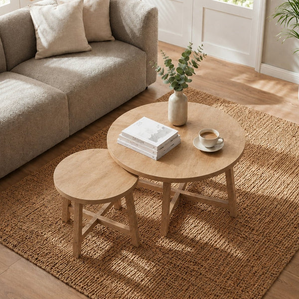 English Elm Set of 2 Stackable Round Tables Walnut Grain X-base Modern Nesting Accent for Living Room Natural Wood W5156P534919