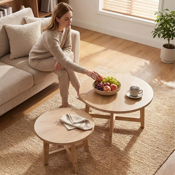 English Elm Set of 2 Stackable Round Tables Walnut Grain X-base Modern Nesting Accent for Living Room Natural Wood W5156P534919