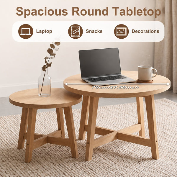 English Elm Set of 2 Stackable Round Tables Walnut Grain X-base Modern Nesting Accent for Living Room Natural Wood W5156P534919