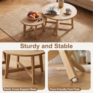 English Elm Set of 2 Stackable Round Tables Walnut Grain X-base Modern Nesting Accent for Living Room Natural Wood W5156P534919