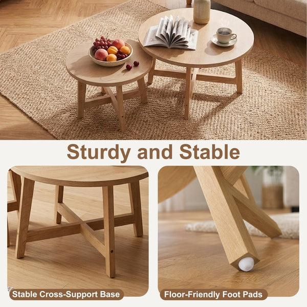 English Elm Set of 2 Stackable Round Tables Walnut Grain X-base Modern Nesting Accent for Living Room Natural Wood W5156P534919