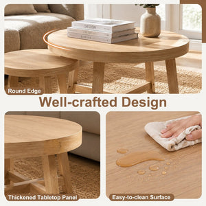 English Elm Set of 2 Stackable Round Tables Walnut Grain X-base Modern Nesting Accent for Living Room Natural Wood W5156P534919