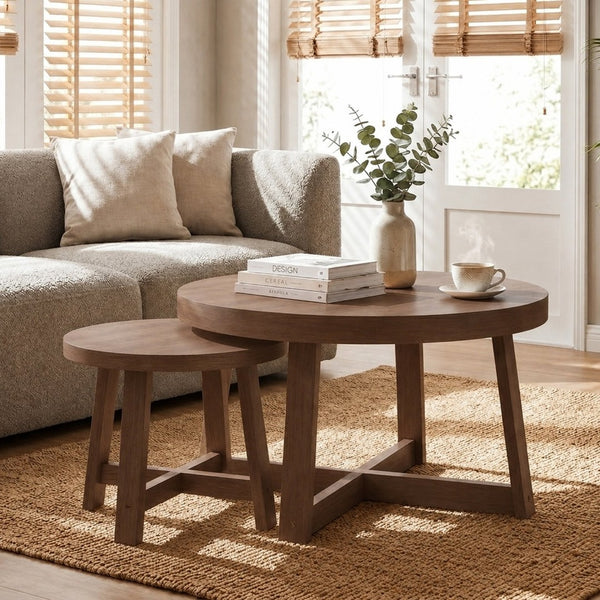 English Elm Set of 2 Stackable Round Tables Walnut Grain X-base Modern Nesting Accent for Living Room Walnut W5156P534920