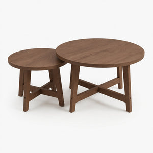 English Elm Set of 2 Stackable Round Tables Walnut Grain X-base Modern Nesting Accent for Living Room Walnut W5156P534920