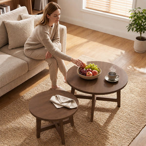 English Elm Set of 2 Stackable Round Tables Walnut Grain X-base Modern Nesting Accent for Living Room Walnut W5156P534920