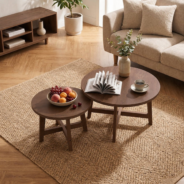 English Elm Set of 2 Stackable Round Tables Walnut Grain X-base Modern Nesting Accent for Living Room Walnut W5156P534920