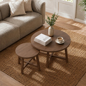 English Elm Set of 2 Stackable Round Tables Walnut Grain X-base Modern Nesting Accent for Living Room Walnut W5156P534920