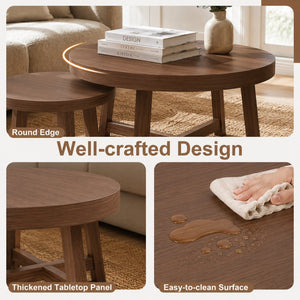 English Elm Set of 2 Stackable Round Tables Walnut Grain X-base Modern Nesting Accent for Living Room Walnut W5156P534920