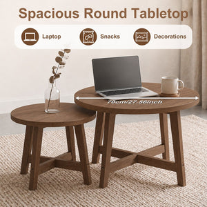 English Elm Set of 2 Stackable Round Tables Walnut Grain X-base Modern Nesting Accent for Living Room Walnut W5156P534920