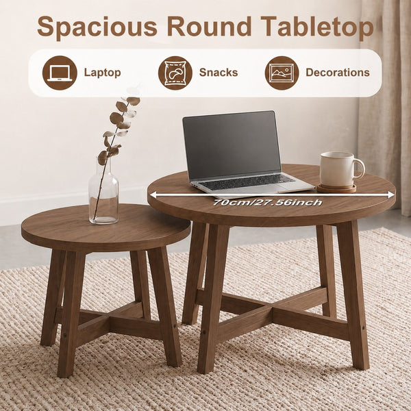 English Elm Set of 2 Stackable Round Tables Walnut Grain X-base Modern Nesting Accent for Living Room Walnut W5156P534920