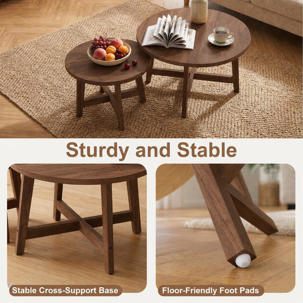 English Elm Set of 2 Stackable Round Tables Walnut Grain X-base Modern Nesting Accent for Living Room Walnut W5156P534920