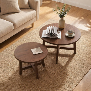 English Elm Set of 2 Stackable Round Tables Walnut Grain X-base Modern Nesting Accent for Living Room Walnut W5156P534920
