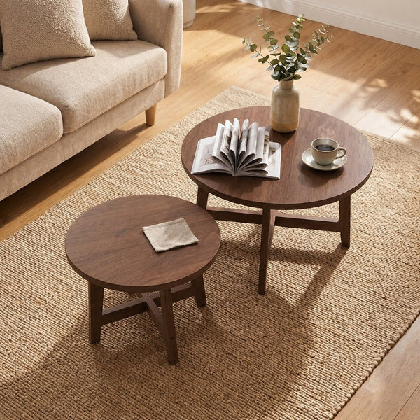 English Elm Set of 2 Stackable Round Tables Walnut Grain X-base Modern Nesting Accent for Living Room Walnut W5156P534920