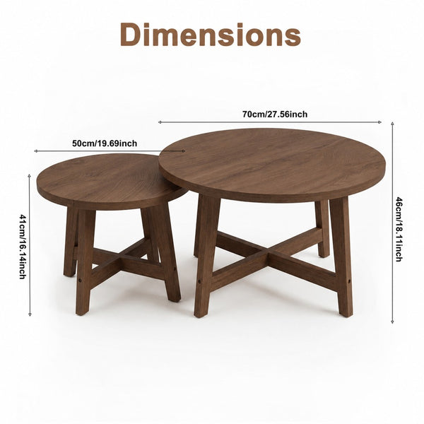 English Elm Set of 2 Stackable Round Tables Walnut Grain X-base Modern Nesting Accent for Living Room Walnut W5156P534920