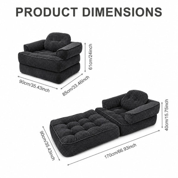 English Elm 66.9 Inch Convertible Corduroy Sofa Bed with Tufted Foam Cushions for Compact Living Spaces Black W5156P544068